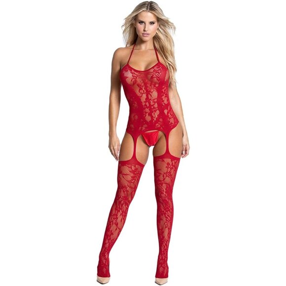 RSLOVE Women Fishnet Bodystocking Attached Stockings Sexy Crotchless Bodysuit - Picture 1 of 5
